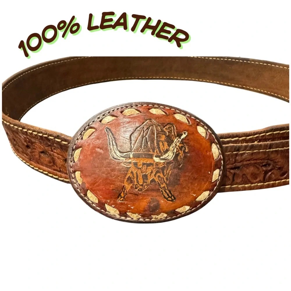 Vintage Texas Western 100% Genuine Leather Belt with Longhorn Buckle